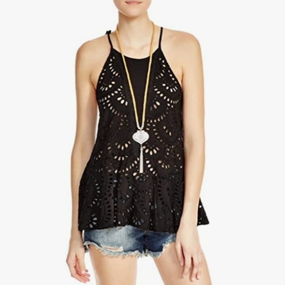 Intimately Free People Starry Eyelet Black Peplum Top, EUC, Size Small
